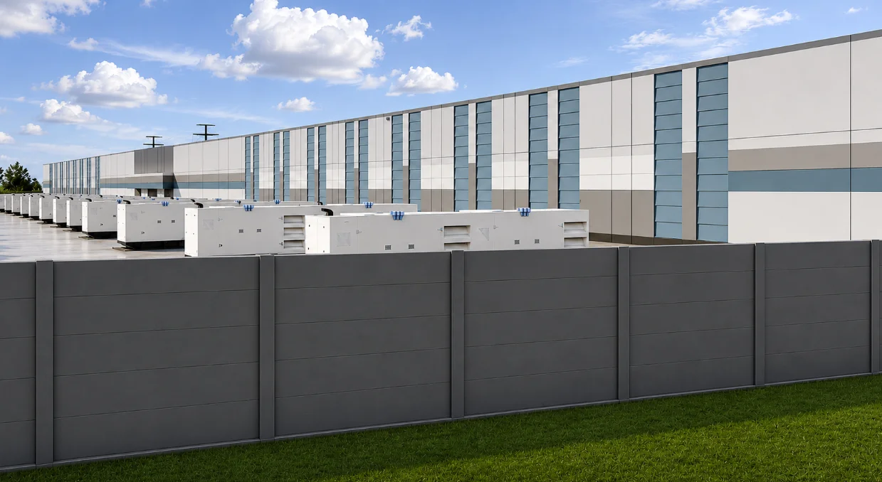 Ground-level rendering of backup generator enclosures beside Luther Horizon Technology Park data center buildings, screened by a dark sound attenuation wall with grass and sky in the foreground